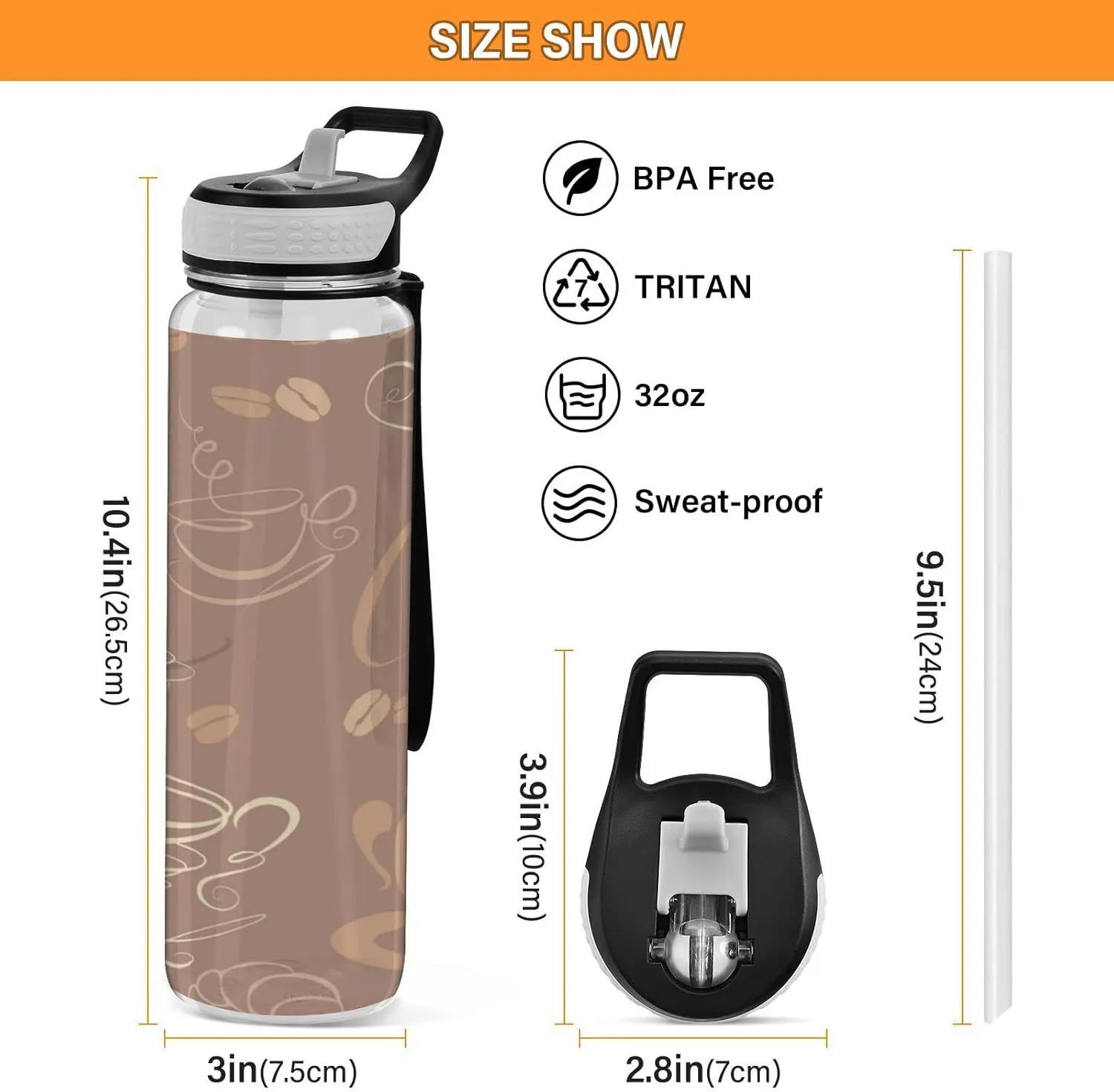 Sports Water Bottle 32 Oz, with Straw Lid Leakproof Reusable Water Bottle, Water Bottle for Fitness Gym Outdoor broaden Oyihfvs Brown Coffee Cups Beans for Cafe or Restaurant Transparent 