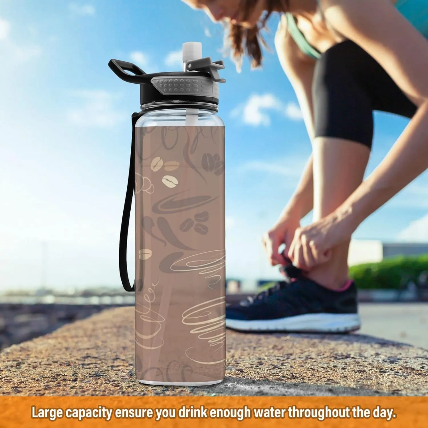 Sports Water Bottle 32 Oz, with Straw Lid Leakproof Reusable Water Bottle, Water Bottle for Fitness Gym Outdoor broaden Oyihfvs Brown Coffee Cups Beans for Cafe or Restaurant Transparent 