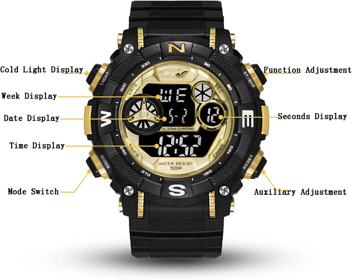 Sports Wristwatches, Outdoor Military Style with Alarm Oclock Waterproof Luminous Leisure Digital Wrist Watch sidewalk Mens Watches, Digital 