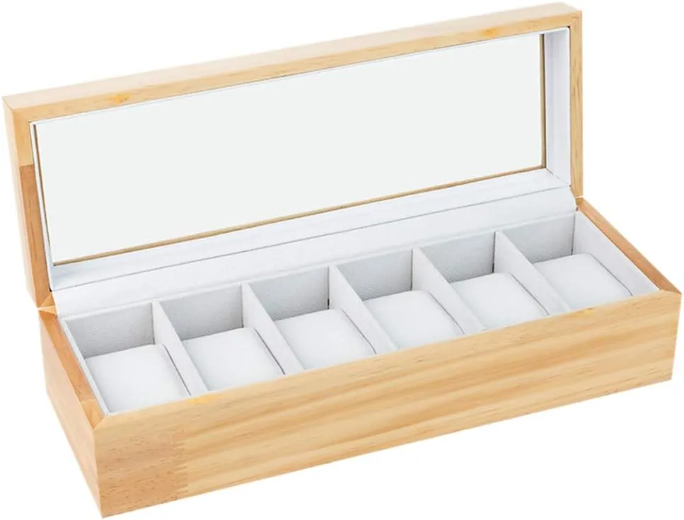 Square liquefy cascara case for 6-Position Watch, Transparent top Cover and Removable Watch Cushion Wooden 