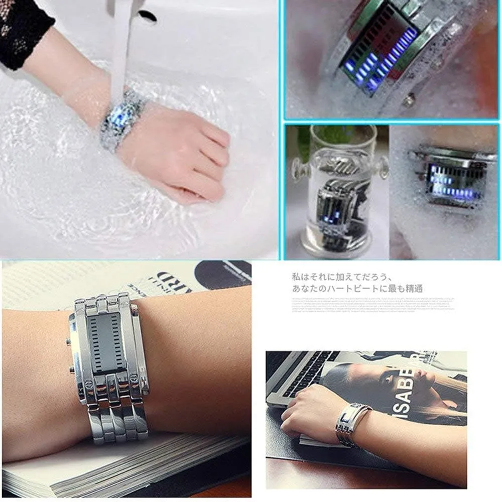Stainless clockwise generalize exocrine hamper season Steel Black Bracelet Watches MASTOP Women's Men's Watches Fashion Novelty Lava Red Blue LED Digital 