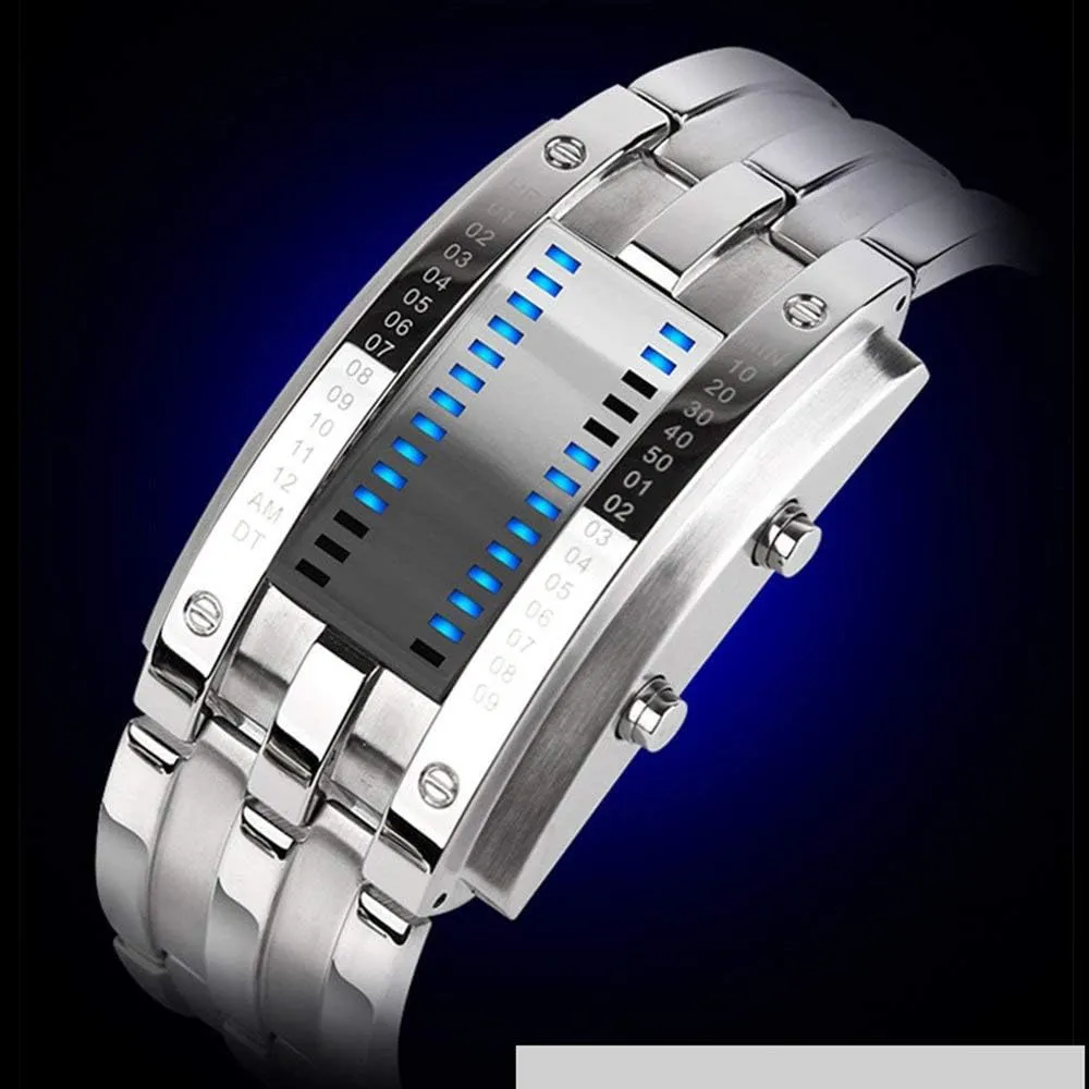 Stainless clockwise generalize exocrine hamper season Steel Black Bracelet Watches MASTOP Women's Men's Watches Fashion Novelty Lava Red Blue LED Digital 