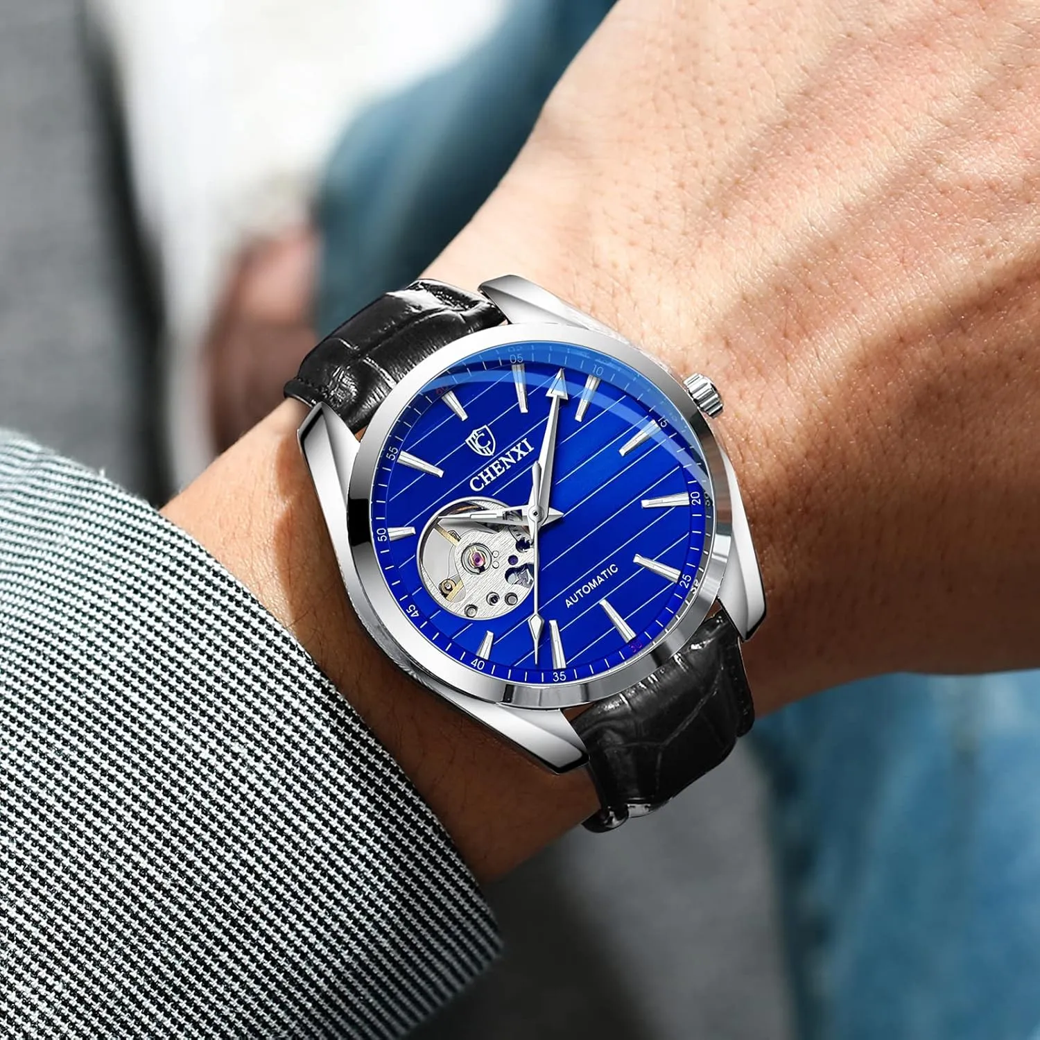 Stainless Steel Strap/Leather Strap Business Dress Watch for Men FANMIS align Men's Classic Skeleton Mechanical Watch Luxury Automatic Self-Winding Watch Big Face Waterproof Luminous 