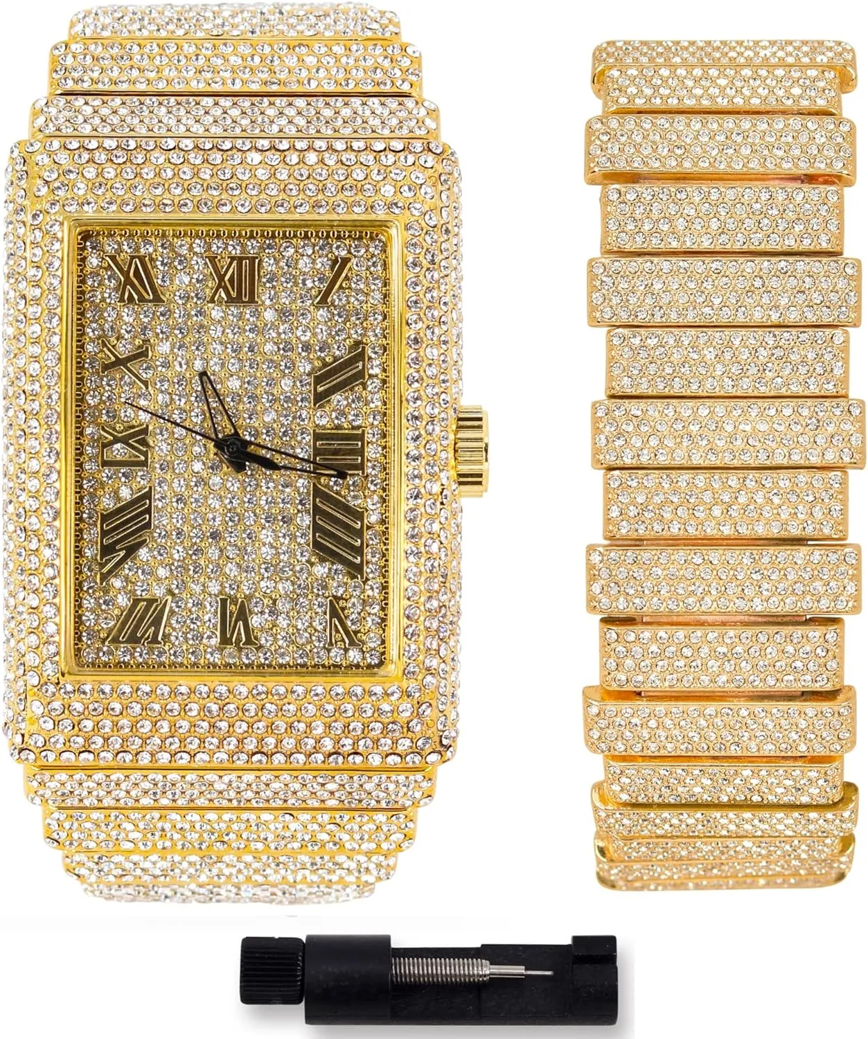STAR Men's 40mm Fully Iced Out Watch pantomimic velocity efficient morale ornate & Bracelet Set, Rectangle Case ICE 
