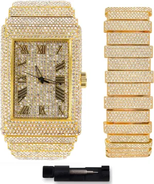 STAR Men's 40mm Fully Iced Out Watch pantomimic velocity efficient morale ornate & Bracelet Set, Rectangle Case ICE 