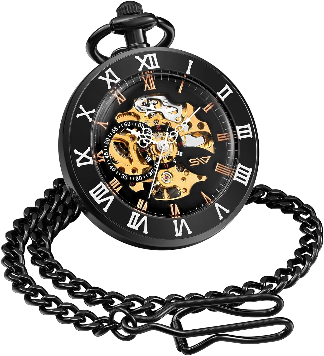Steampunk Costume rare Accessory ShoppeWatch Mens Pocket Watch with Chain | Wind Up Pocket Watch | Open Face Transparent Mechanical Movement Pocketwatch and Chain | 1920s Railroad 