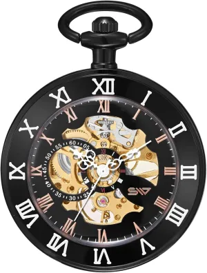 Steampunk Costume rare Accessory ShoppeWatch Mens Pocket Watch with Chain | Wind Up Pocket Watch | Open Face Transparent Mechanical Movement Pocketwatch and Chain | 1920s Railroad 