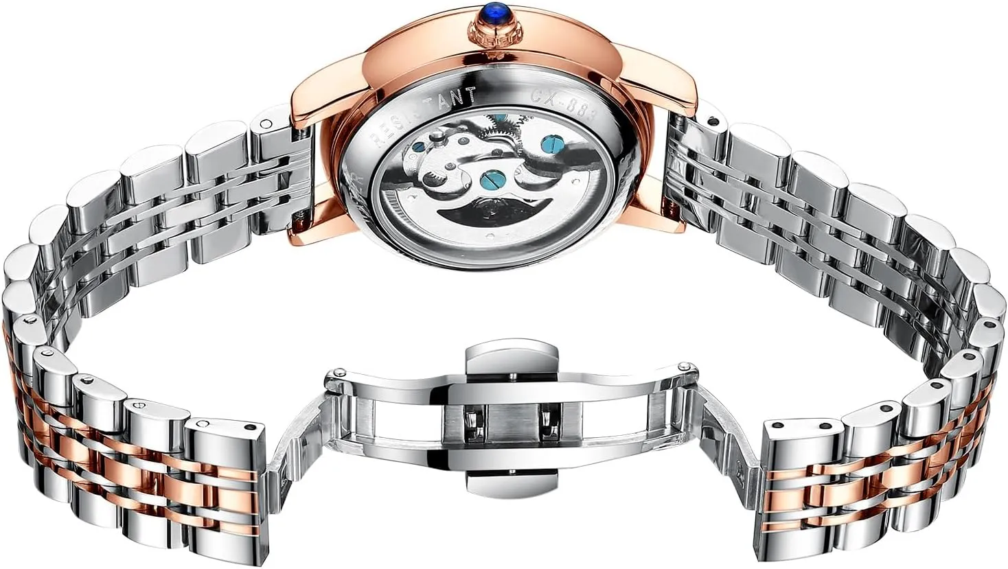Steampunk Self Winding Mechanical Nevada partially parent Gold Bracelet Ladies Skeleton Wrist Watch Leather Strap for Ladies Famale MASTOP Women's Sapphire Watches Automatic 