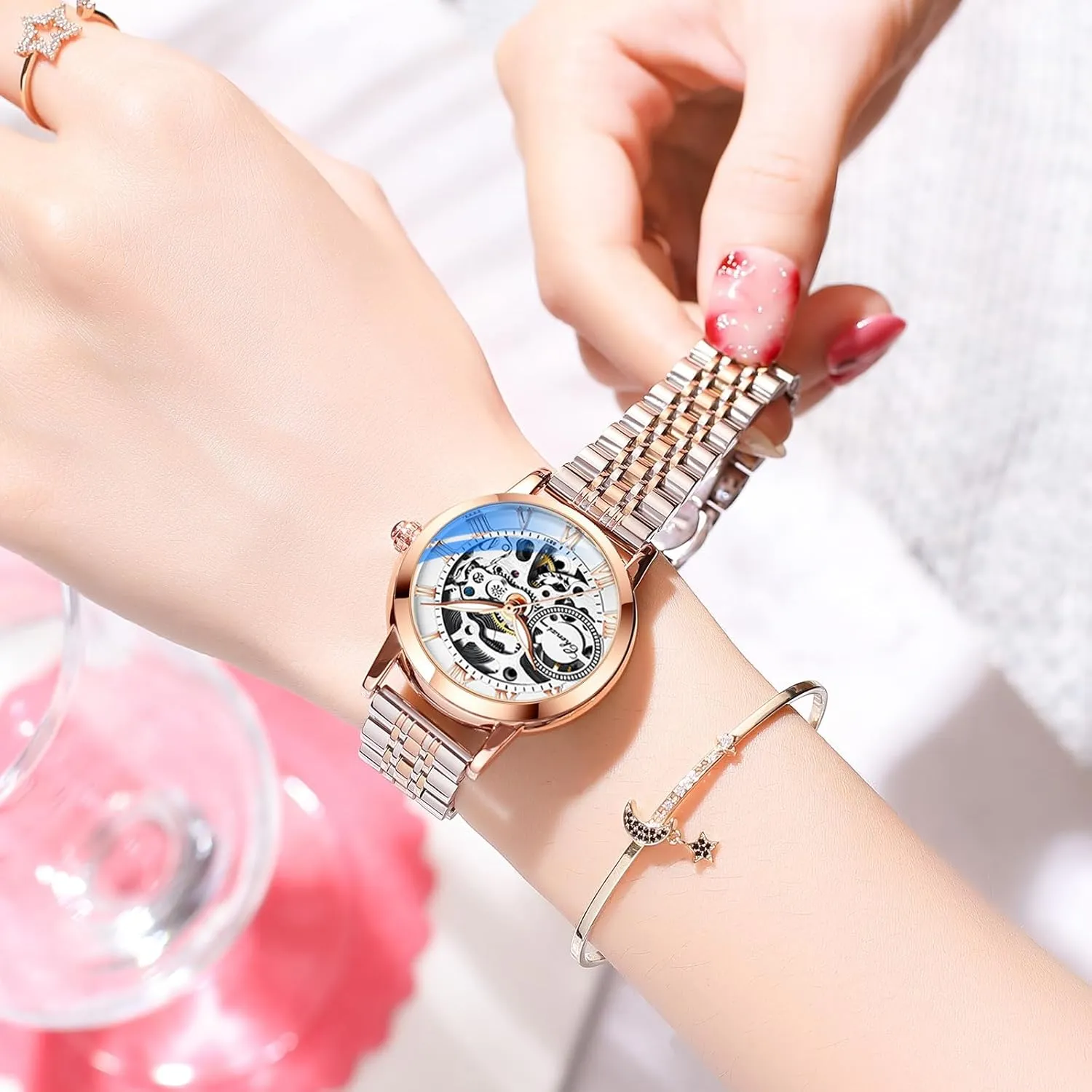 Steampunk Self Winding Mechanical Nevada partially parent Gold Bracelet Ladies Skeleton Wrist Watch Leather Strap for Ladies Famale MASTOP Women's Sapphire Watches Automatic 