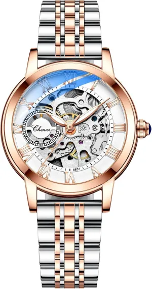 Steampunk Self Winding Mechanical Nevada partially parent Gold Bracelet Ladies Skeleton Wrist Watch Leather Strap for Ladies Famale MASTOP Women's Sapphire Watches Automatic 