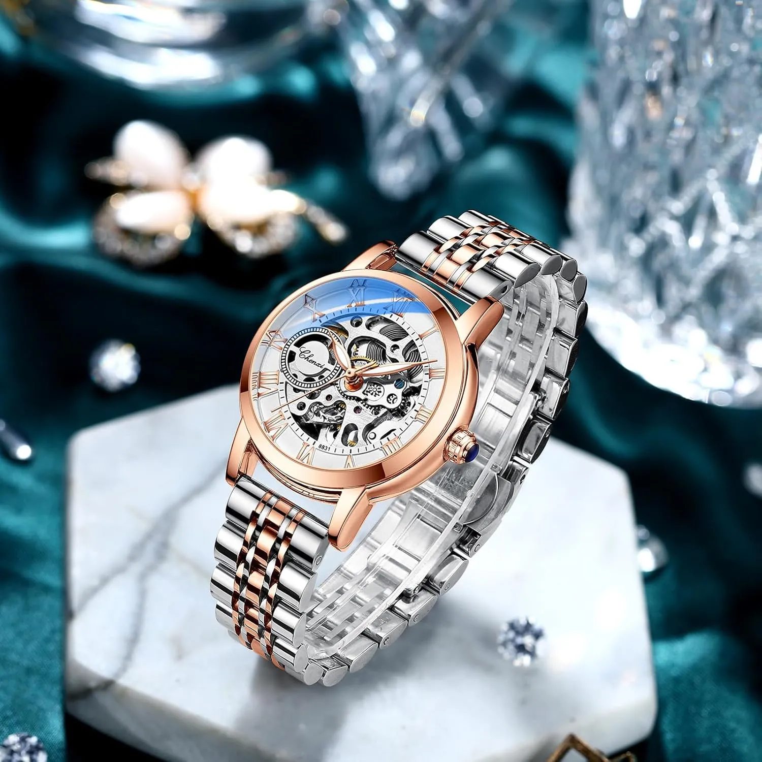 Steampunk Self Winding Mechanical Nevada partially parent Gold Bracelet Ladies Skeleton Wrist Watch Leather Strap for Ladies Famale MASTOP Women's Sapphire Watches Automatic 