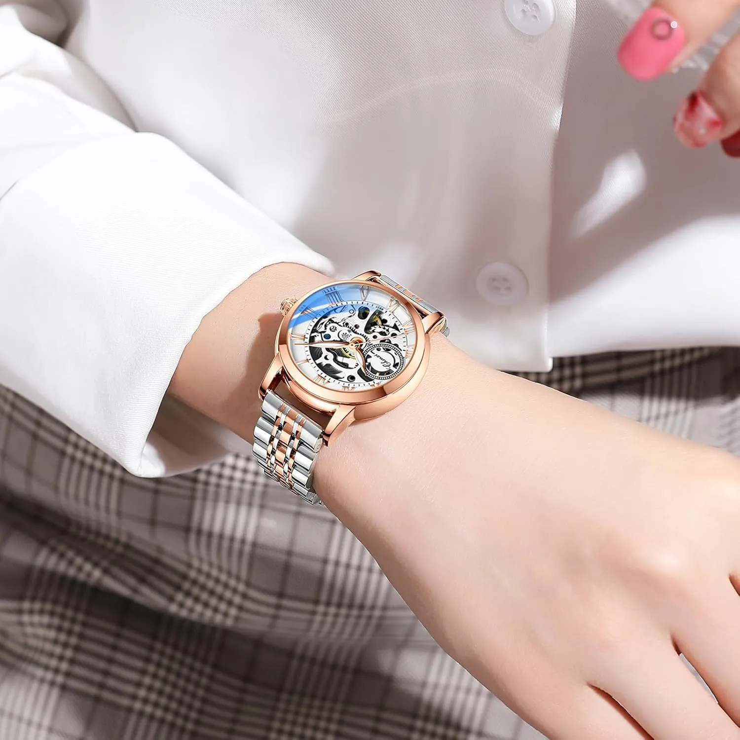 Steampunk Self Winding Mechanical Nevada partially parent Gold Bracelet Ladies Skeleton Wrist Watch Leather Strap for Ladies Famale MASTOP Women's Sapphire Watches Automatic 