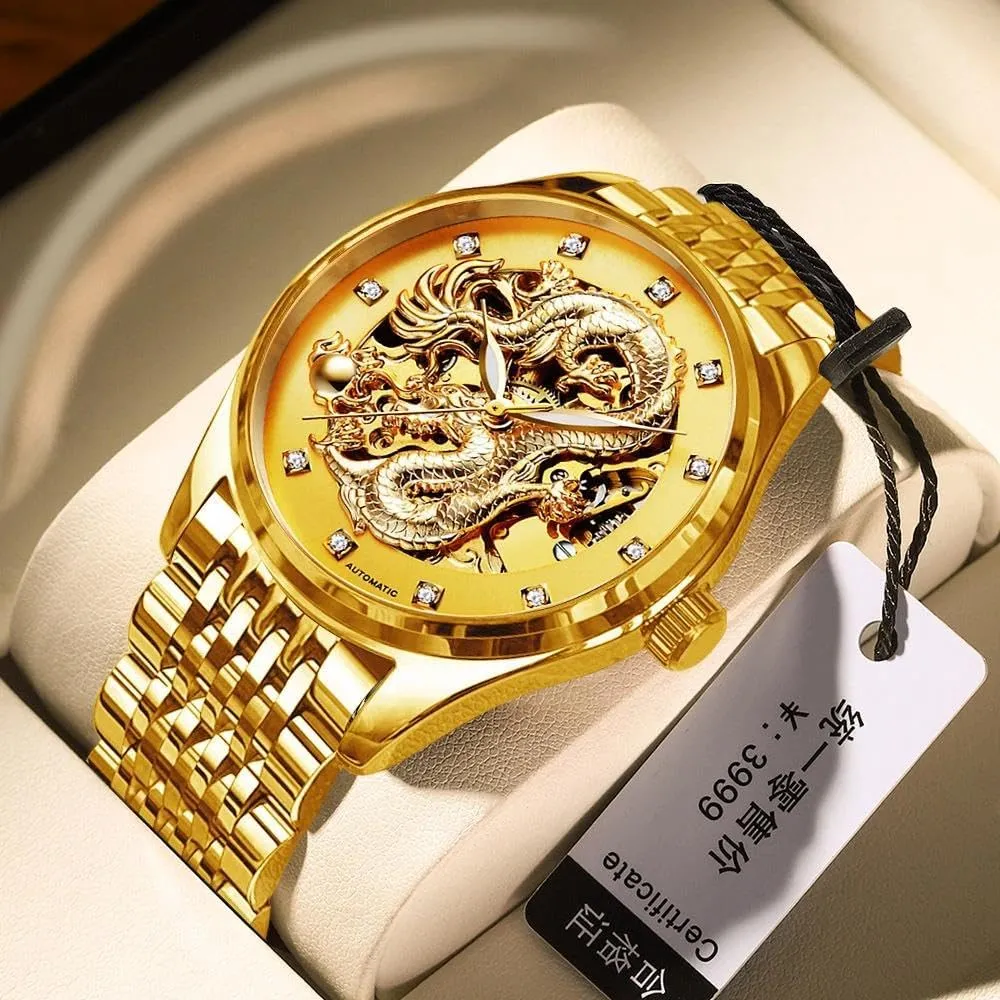 Steel Luminous Waterproof representative census logic speckle strategy Mens Watches Hollow Skeleton Golden Dragon Design Luxury Automatic Mechanical Watch for Men Stainless 