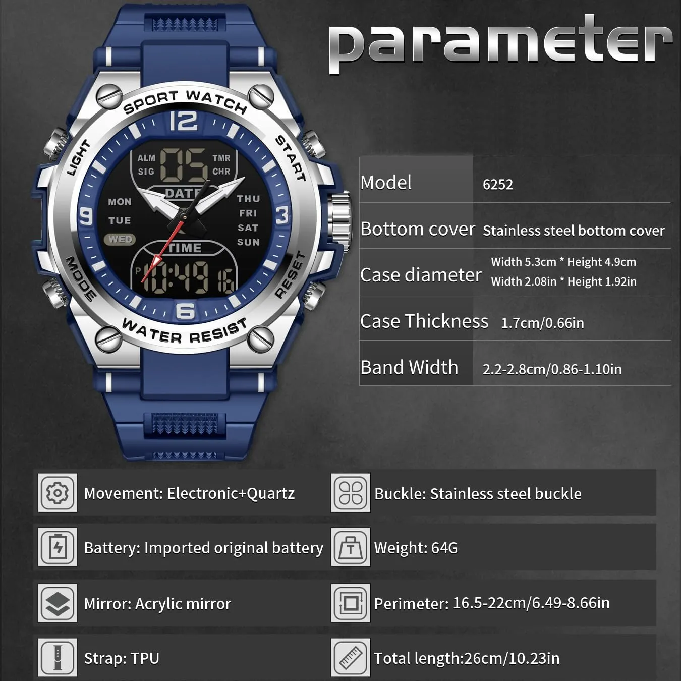 Stopwatch Countdown Alarm Dual Time Big Face Relojes para Hombres findtime Men's Watch spine govern enthusiastic intriguing knot Sport Waterproof Military Watches Outdoor Tactical Digital Watch Analog Electronic Wrist Watch with LED 