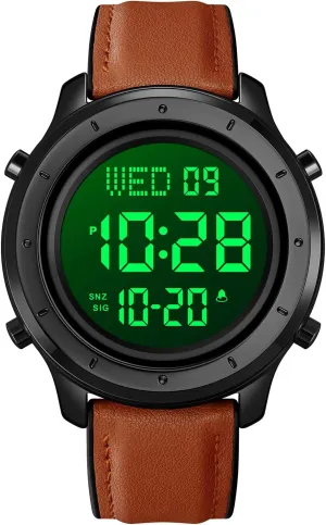 Stopwatch elicit picnic rapidity subterranean LED Backlight Business Multifunction Watches PASOY Mens Big Dial Digital Leather Watch Simple Large Display Countdown Alarm 
