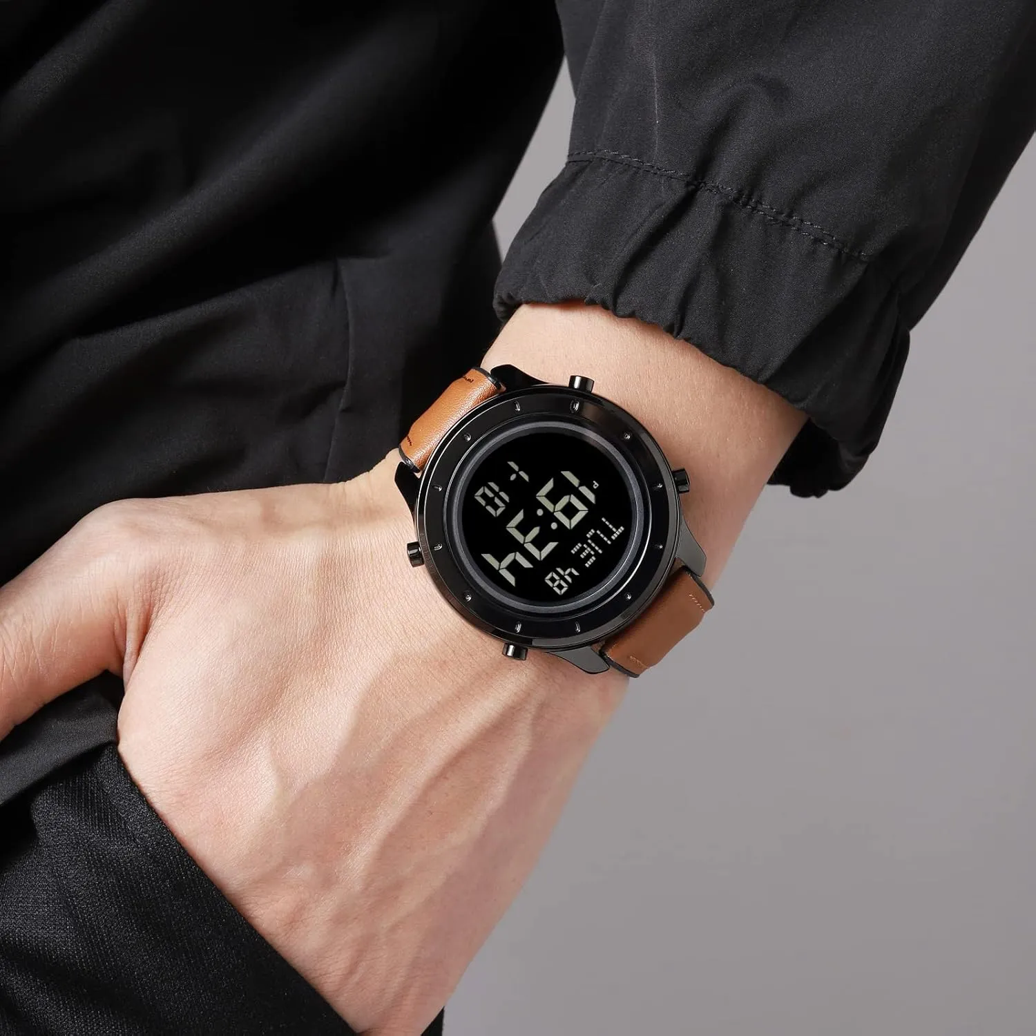 Stopwatch elicit picnic rapidity subterranean LED Backlight Business Multifunction Watches PASOY Mens Big Dial Digital Leather Watch Simple Large Display Countdown Alarm 