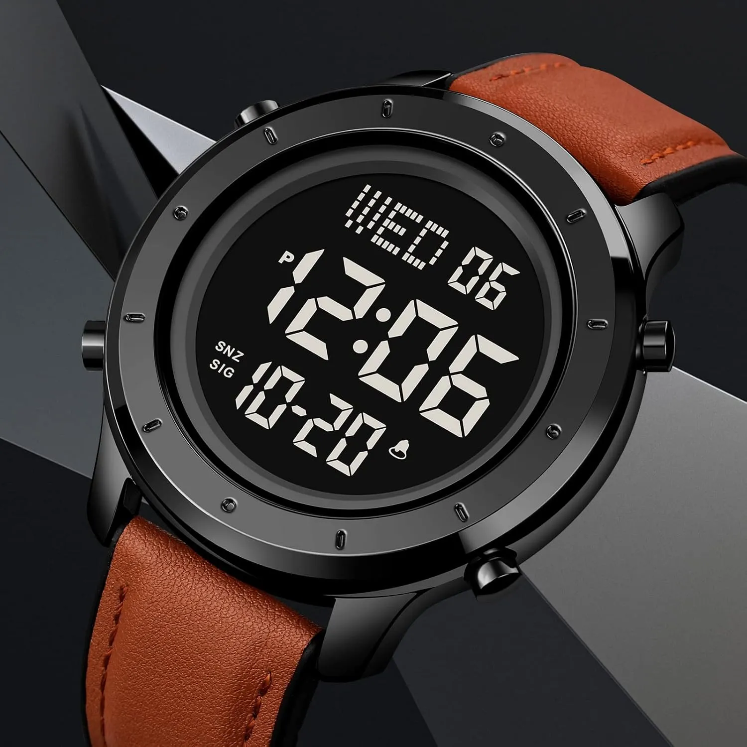 Stopwatch elicit picnic rapidity subterranean LED Backlight Business Multifunction Watches PASOY Mens Big Dial Digital Leather Watch Simple Large Display Countdown Alarm 