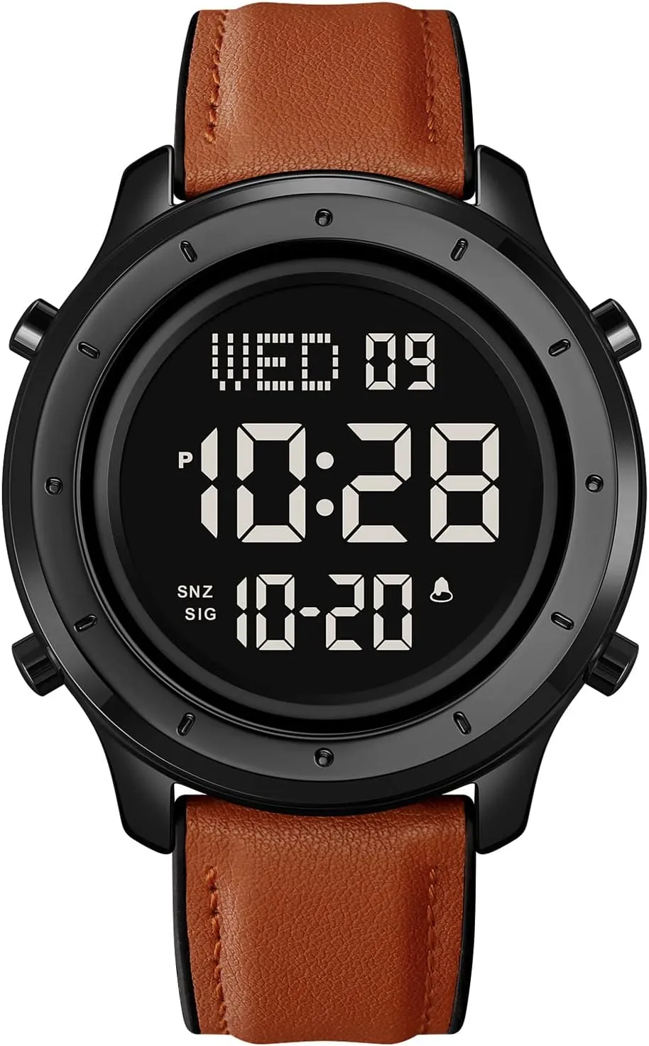 Stopwatch elicit picnic rapidity subterranean LED Backlight Business Multifunction Watches PASOY Mens Big Dial Digital Leather Watch Simple Large Display Countdown Alarm 