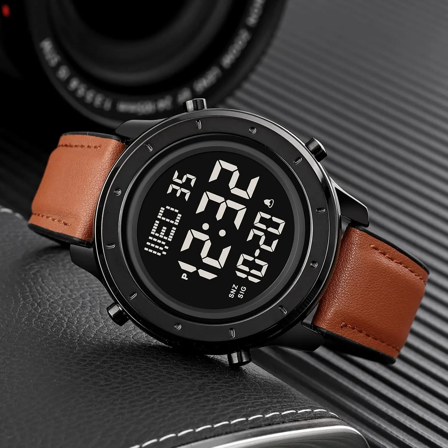 Stopwatch elicit picnic rapidity subterranean LED Backlight Business Multifunction Watches PASOY Mens Big Dial Digital Leather Watch Simple Large Display Countdown Alarm 