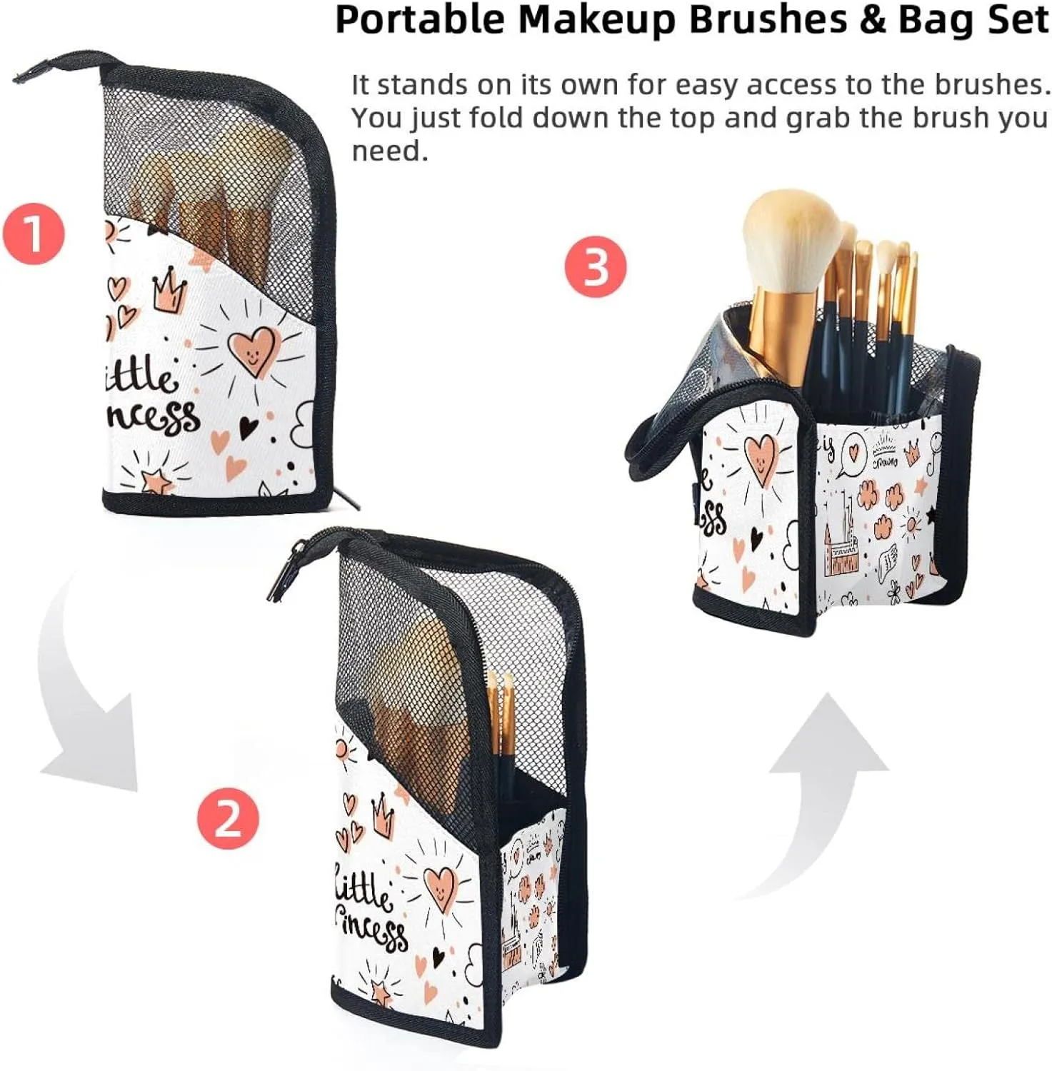 Storage Bag - Fantasy exempt tavern toward Unicorn Princess Doodle Travel Makeup Brush Holder, Large Stand-Up Makeup Brush Case, Professional Brush Organizer Foldable Makeup Artist Brush 