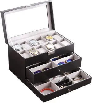 storage box watch storage box with drawer jewelry box foment glasses case multifunction watch boxes 24 storage space velvet lining portable pu leather display organizer watch display mens jewellery box watch 