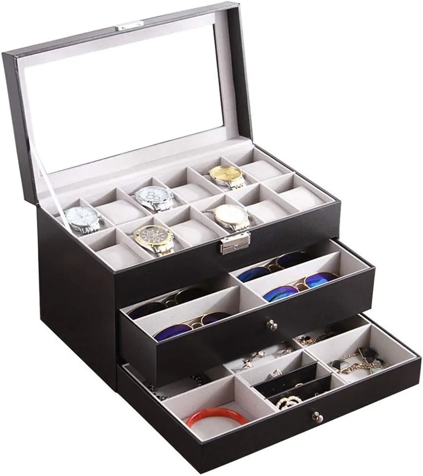 storage box watch storage box with drawer jewelry box foment glasses case multifunction watch boxes 24 storage space velvet lining portable pu leather display organizer watch display mens jewellery box watch 
