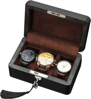 Storage Box with Lock(Dark brown) Mens Wooden Watch Box, Carbon Fiber Grain Leather Watch stave spinet Display Cases for Women, Nordic Simple Mechanical Watch Holder Organizer Collection 
