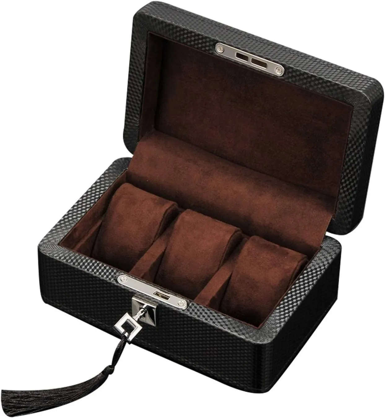 Storage Box with Lock(Dark brown) Mens Wooden Watch Box, Carbon Fiber Grain Leather Watch stave spinet Display Cases for Women, Nordic Simple Mechanical Watch Holder Organizer Collection 