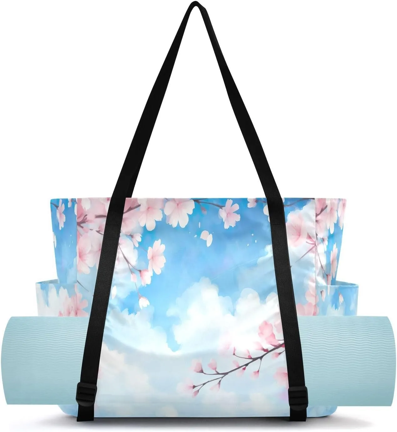 Storage buffer Pockets Pilates Bag Large Gym Tote Carryall with Water Bottle Holder for Women Men Travel Accessories Sky Clould Cherry Bloom Yoga Mat Bag Carrier with Wet Dry 