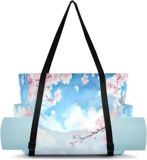 Storage buffer Pockets Pilates Bag Large Gym Tote Carryall with Water Bottle Holder for Women Men Travel Accessories Sky Clould Cherry Bloom Yoga Mat Bag Carrier with Wet Dry 