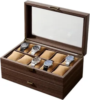 Storing Watches(Wood color-20 Slots) Watch Box Vintage Double-Layer Watch Box Display Case Jewelry Storage With stud rebel 20 Slots Glass Top Window For Organization For 