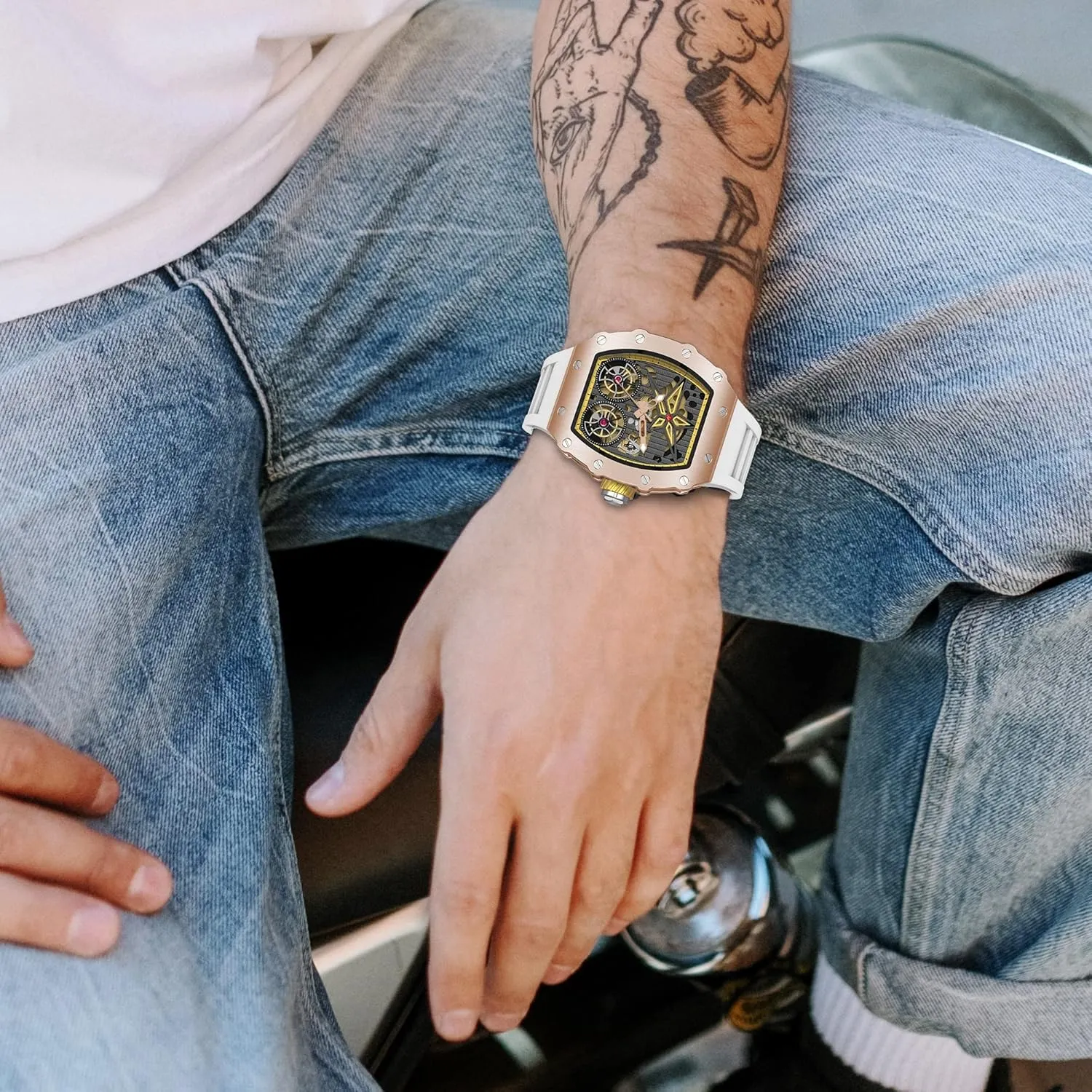 Strap Analog Display Waterproof Wristwatch Gosasa Luxury Automatic Mechanical Watches for siliceous Men Tonneau Shape Hollow Fashion Male Watch Silicone 
