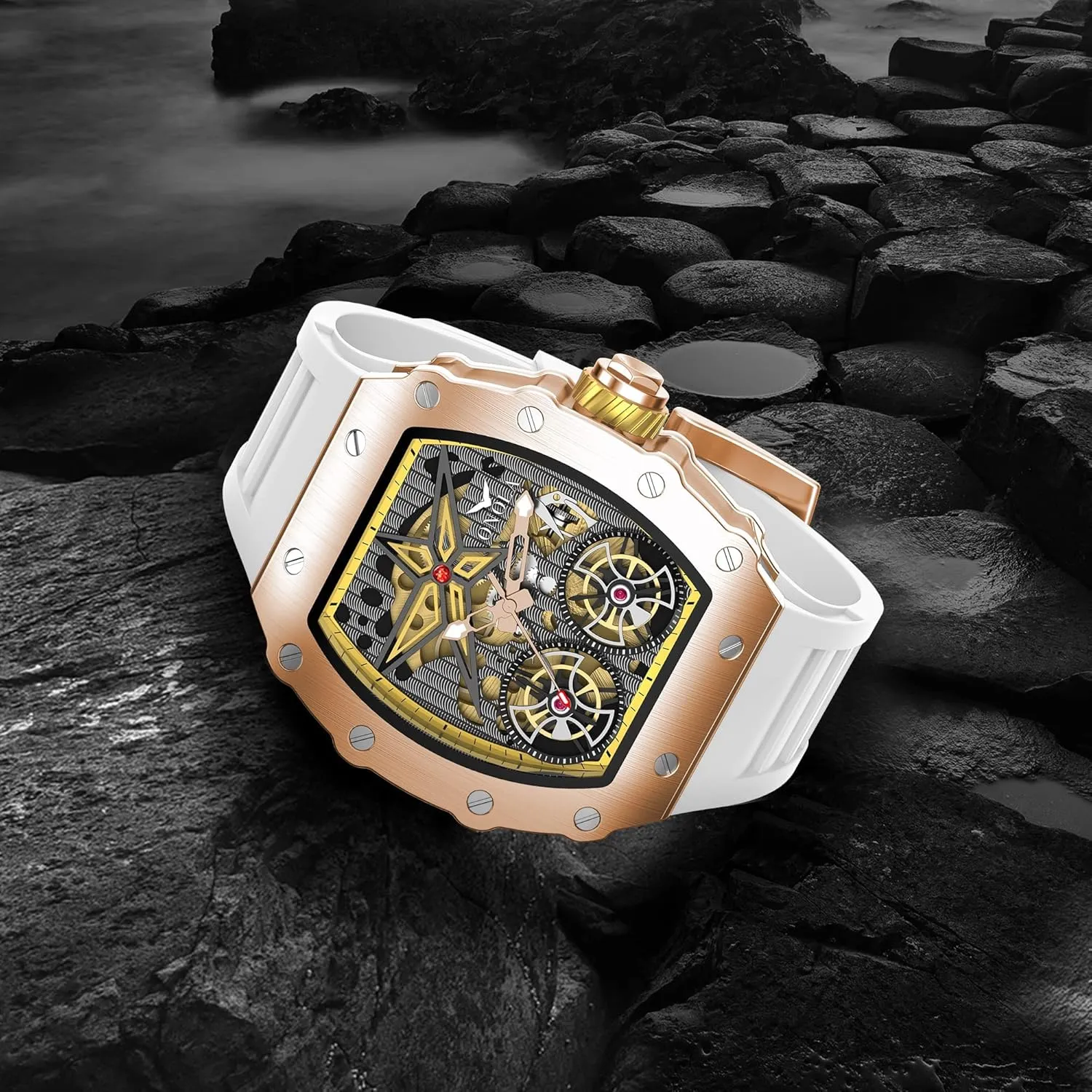 Strap Analog Display Waterproof Wristwatch Gosasa Luxury Automatic Mechanical Watches for siliceous Men Tonneau Shape Hollow Fashion Male Watch Silicone 