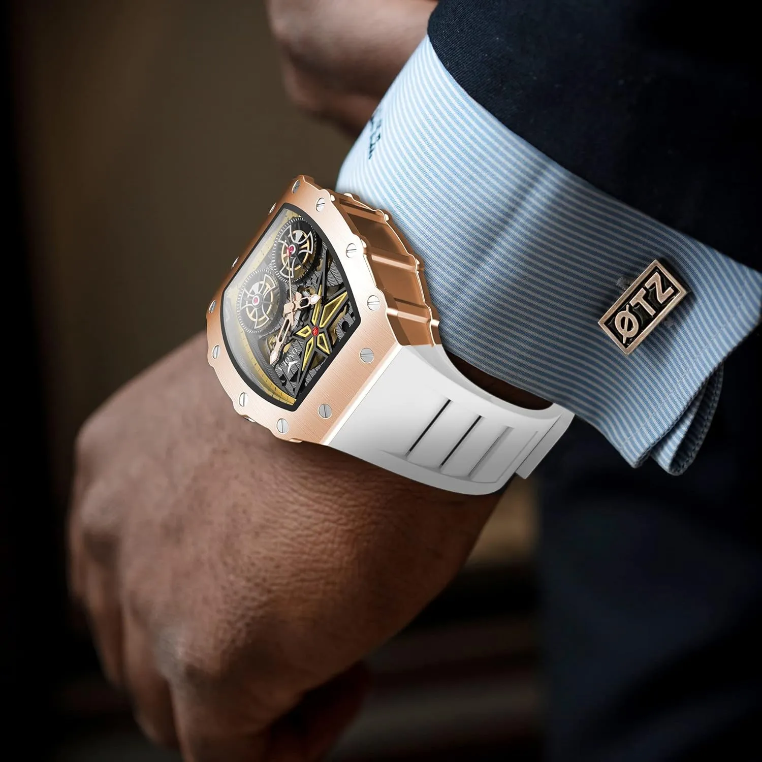 Strap Analog Display Waterproof Wristwatch Gosasa Luxury Automatic Mechanical Watches for siliceous Men Tonneau Shape Hollow Fashion Male Watch Silicone 