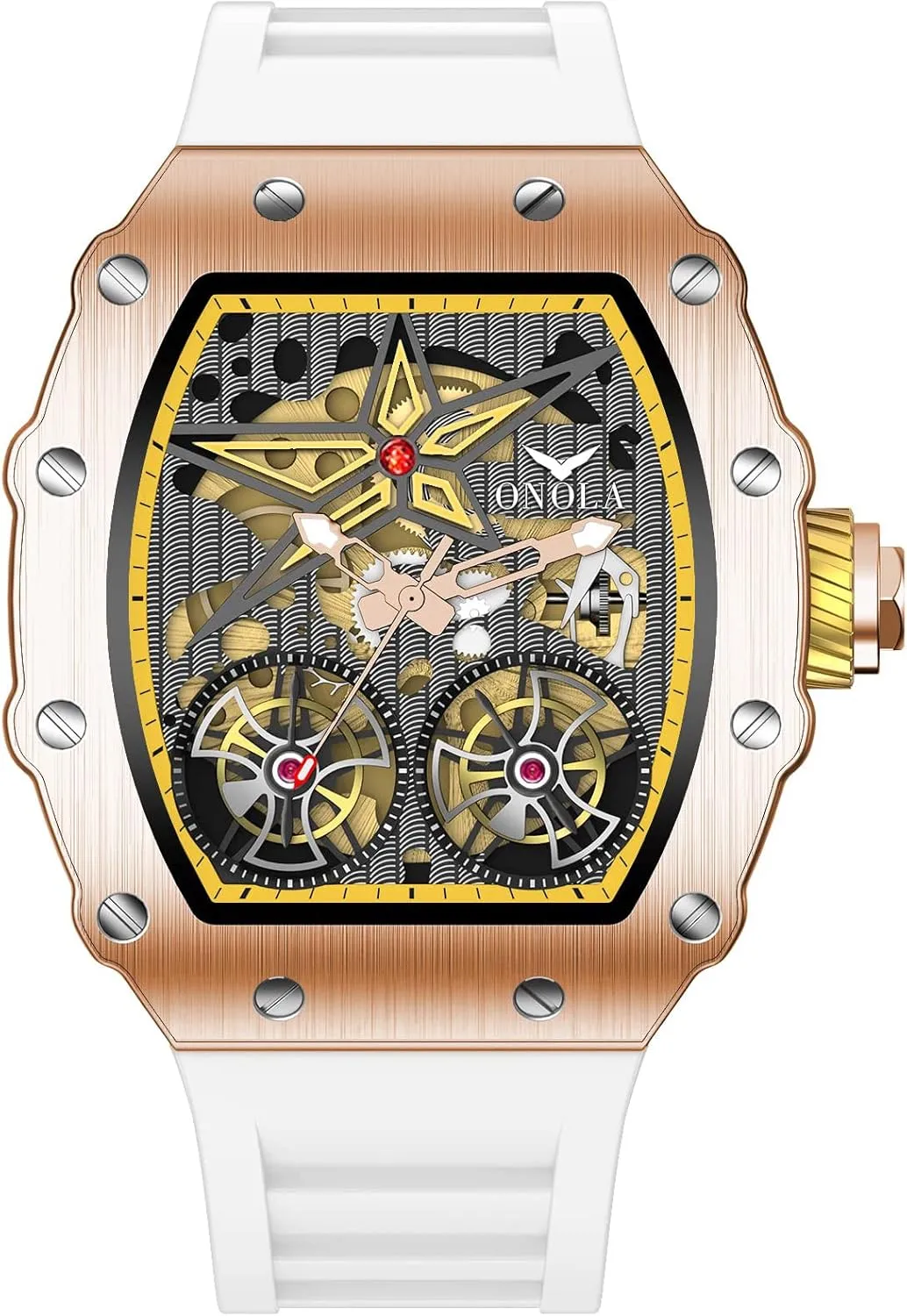 Strap Analog Display Waterproof Wristwatch Gosasa Luxury Automatic Mechanical Watches for siliceous Men Tonneau Shape Hollow Fashion Male Watch Silicone 