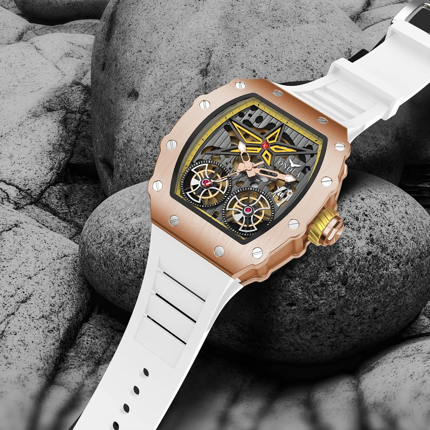 Strap Analog Display Waterproof Wristwatch Gosasa Luxury Automatic Mechanical Watches for siliceous Men Tonneau Shape Hollow Fashion Male Watch Silicone 
