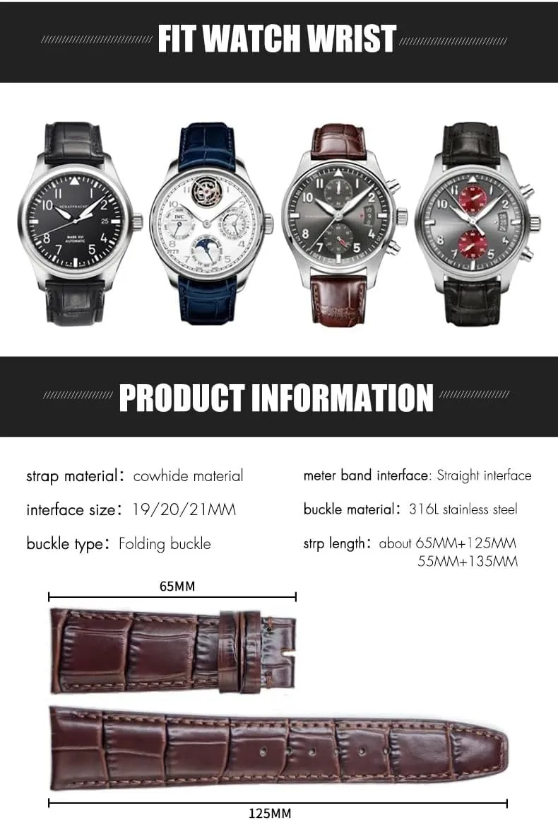 Strap Folding Buckle Leather Real Cowhide Watchband mammoth For IWC Portugieser Porotfino Family PILOT'S Watches 20mm 21mm 22mm Watch 