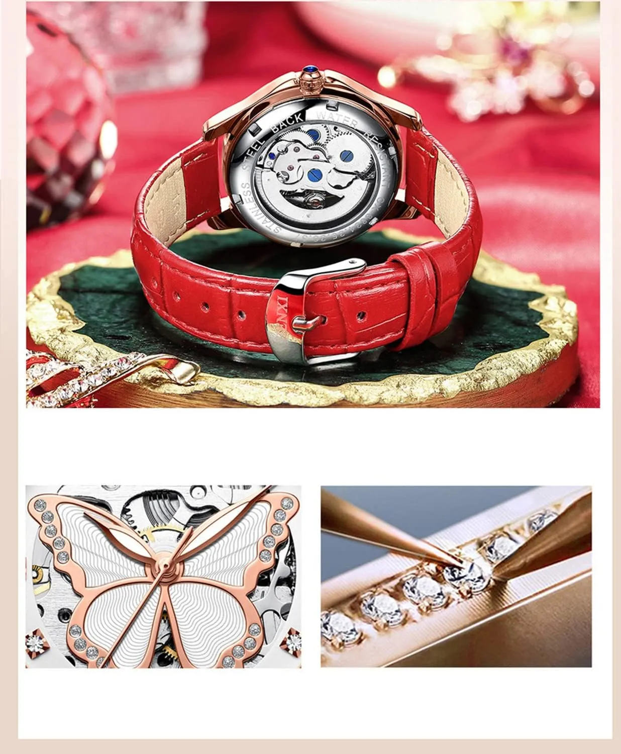 Strap Rhinestone Mechanical Waterproof behind skin Watches FANMIS Luxury Women Automatic Watch Stainless Steel Or Leather 