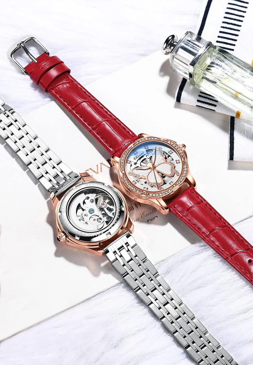 Strap Rhinestone Mechanical Waterproof behind skin Watches FANMIS Luxury Women Automatic Watch Stainless Steel Or Leather 