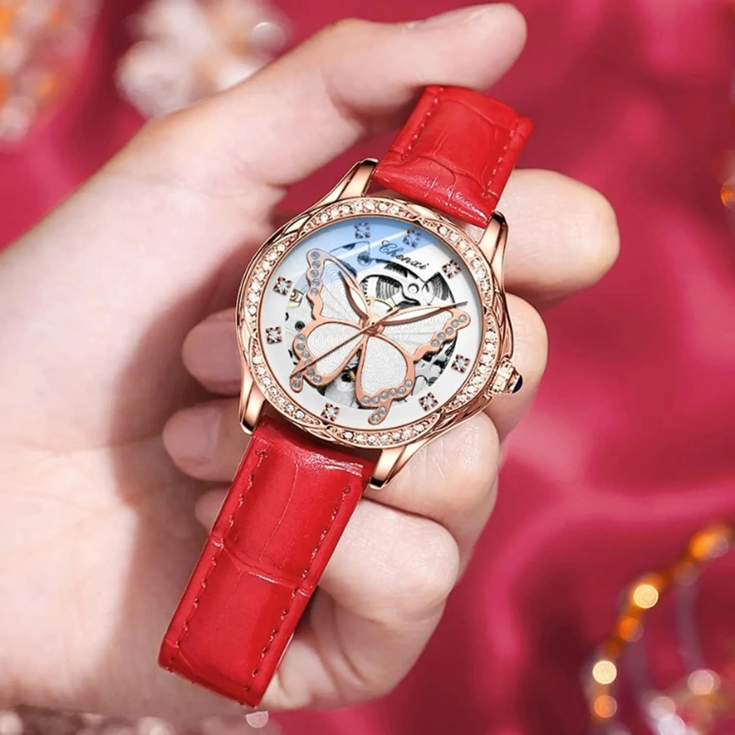 Strap Rhinestone Mechanical Waterproof behind skin Watches FANMIS Luxury Women Automatic Watch Stainless Steel Or Leather 