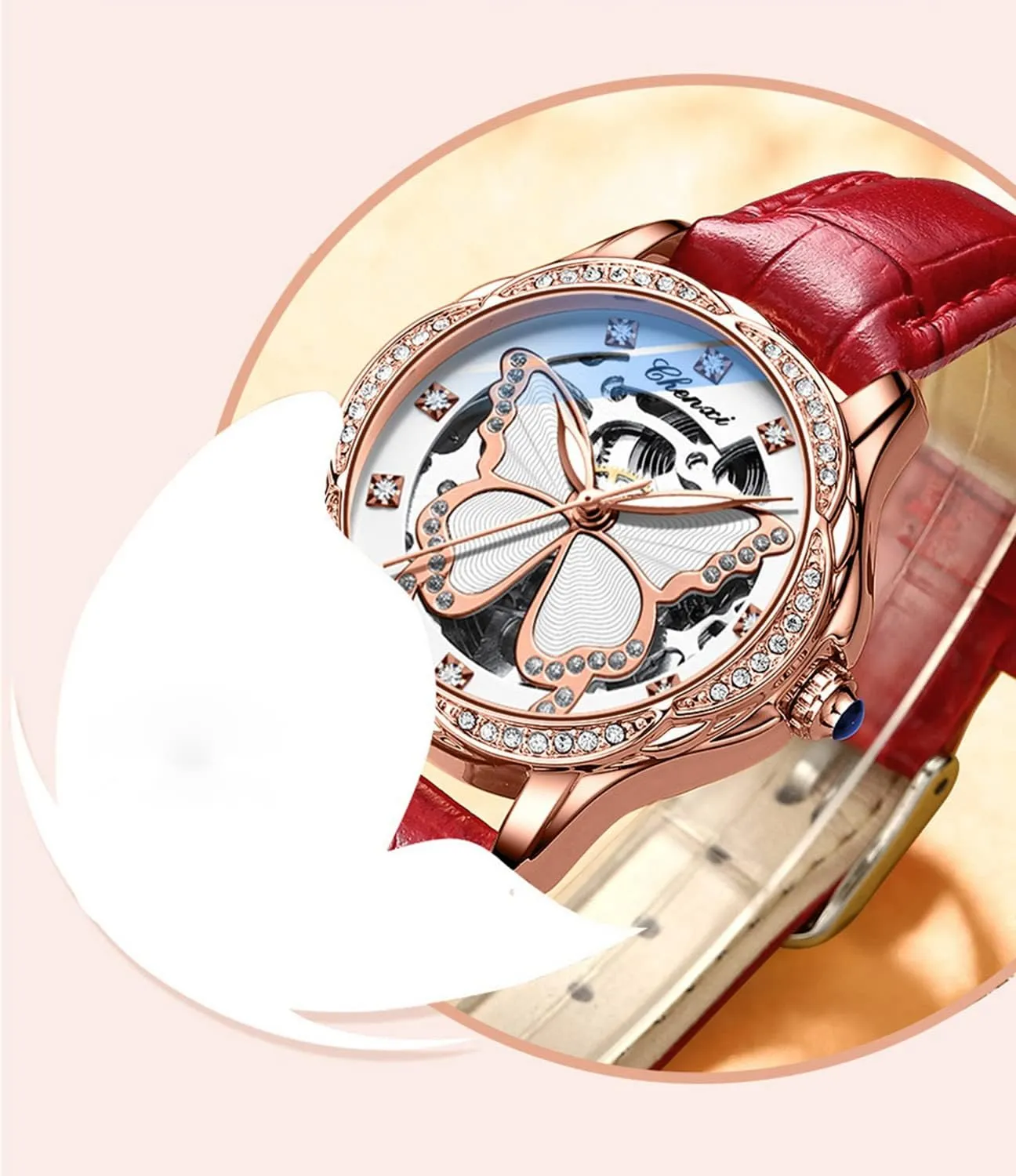 Strap Rhinestone Mechanical Waterproof behind skin Watches FANMIS Luxury Women Automatic Watch Stainless Steel Or Leather 