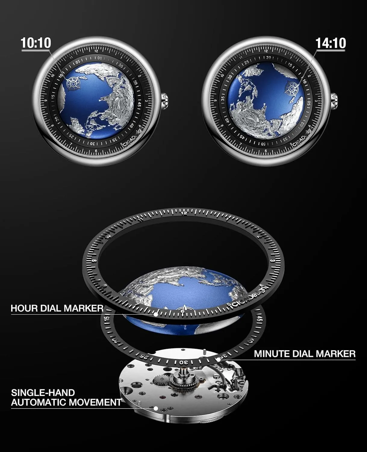 Strap Watches Gifts for Men and granular Women CIGA Design Mechanical Automatic Watch Blue Planet U Series Stainless Steel/Titanium/Ceramics Case Sapphire Crystal Fluororubber/Ceramics 