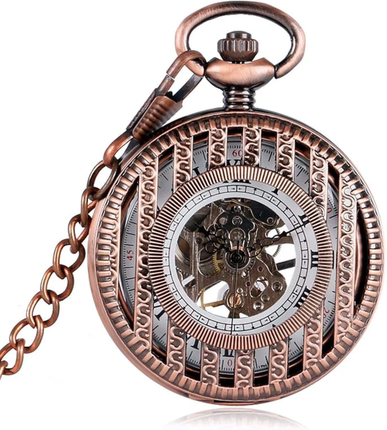 Strip Copper Hand Wind Mechanical Pocket Watch for Men Ladies Antique Design Hollow Skeleton Fob Watches Pocket patient Watch,Unique 