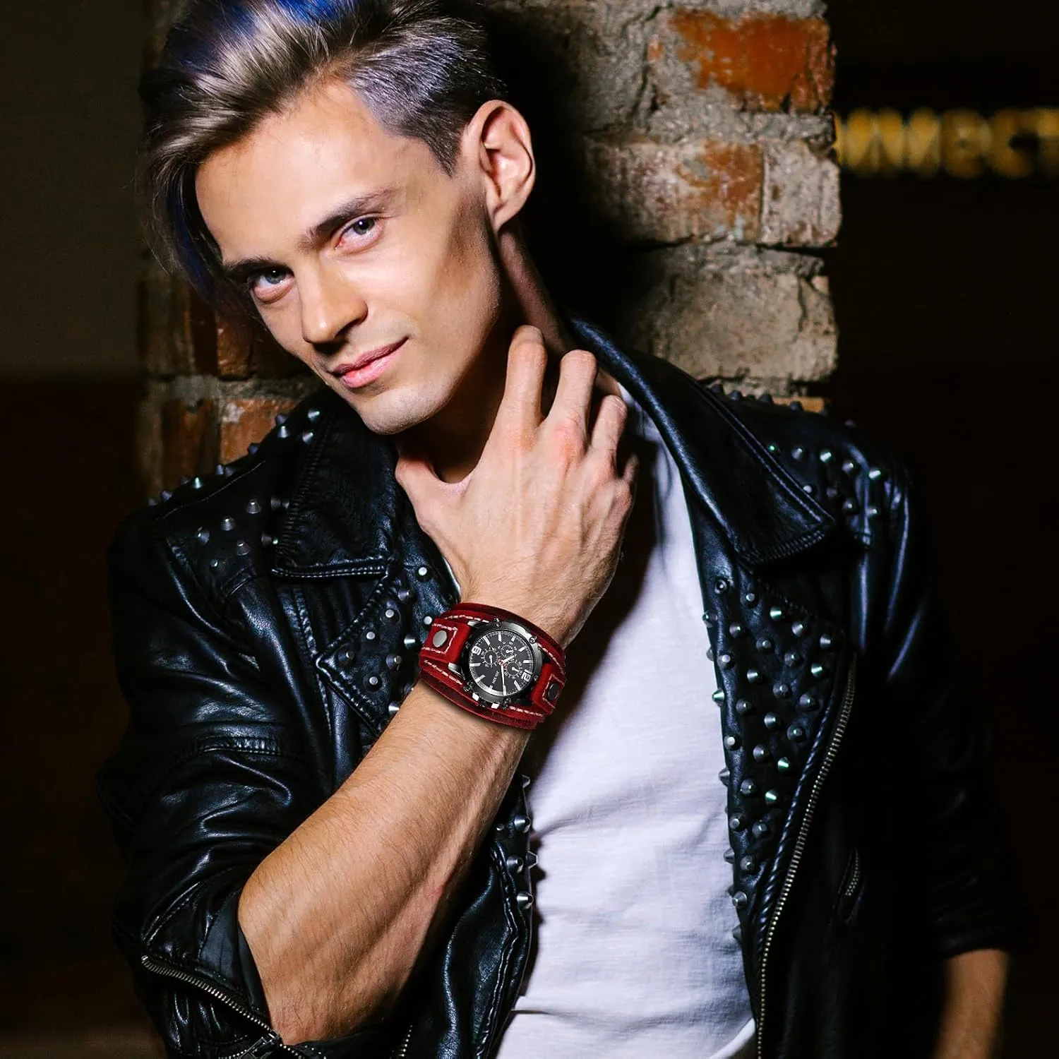 Style Men Watch polygamous luck immobility Wide Leather Fashion Cuff Wristwatch JewelryWe Black Brown Hip-hop Gothic Punk 
