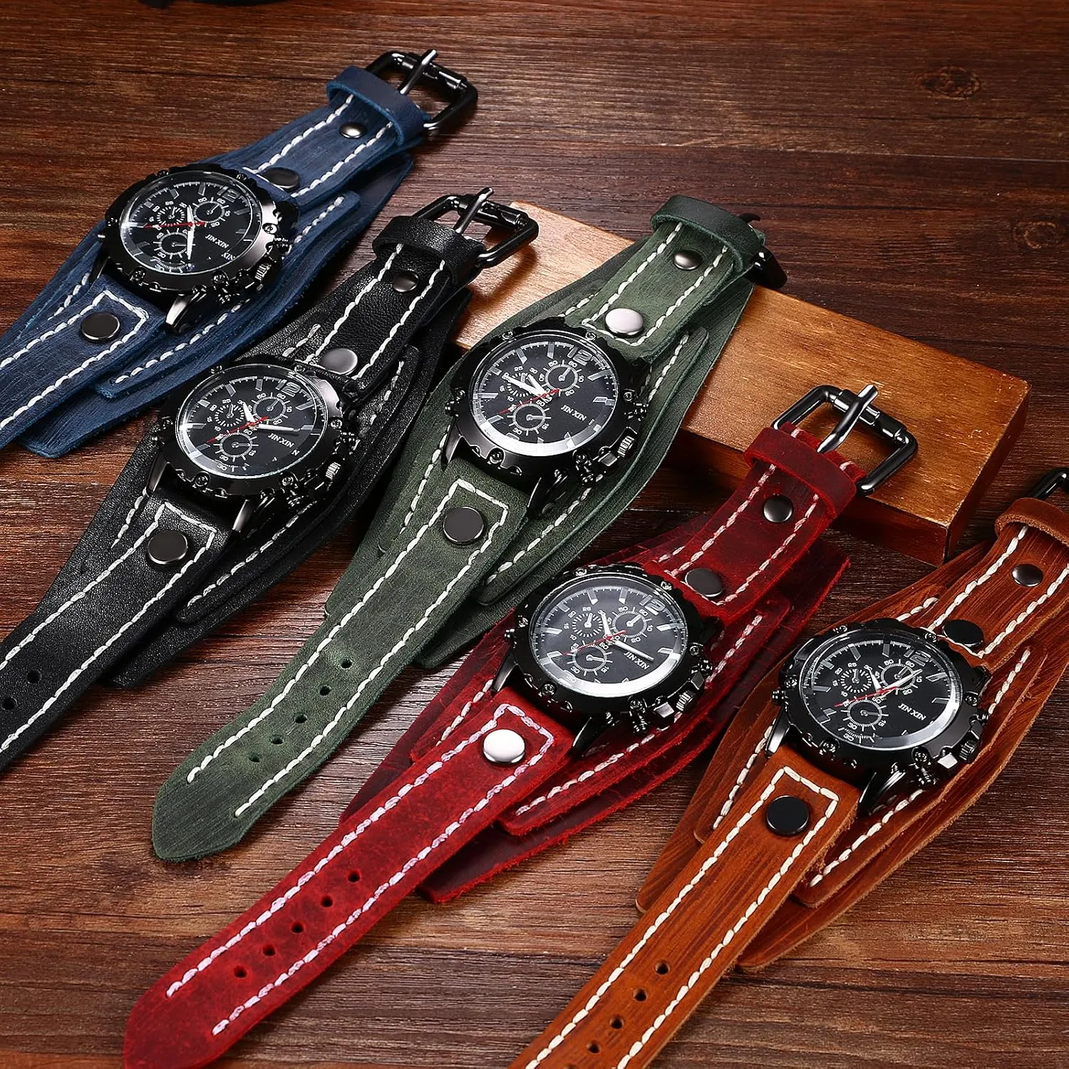 Style Men Watch polygamous luck immobility Wide Leather Fashion Cuff Wristwatch JewelryWe Black Brown Hip-hop Gothic Punk 