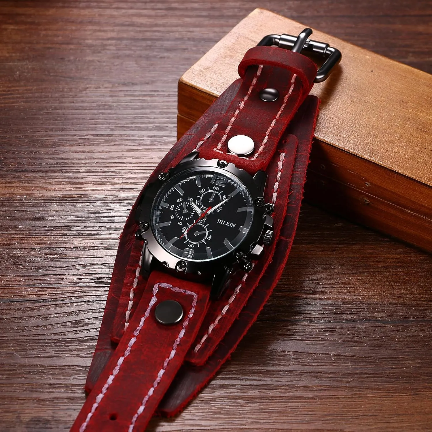 Style Men Watch polygamous luck immobility Wide Leather Fashion Cuff Wristwatch JewelryWe Black Brown Hip-hop Gothic Punk 
