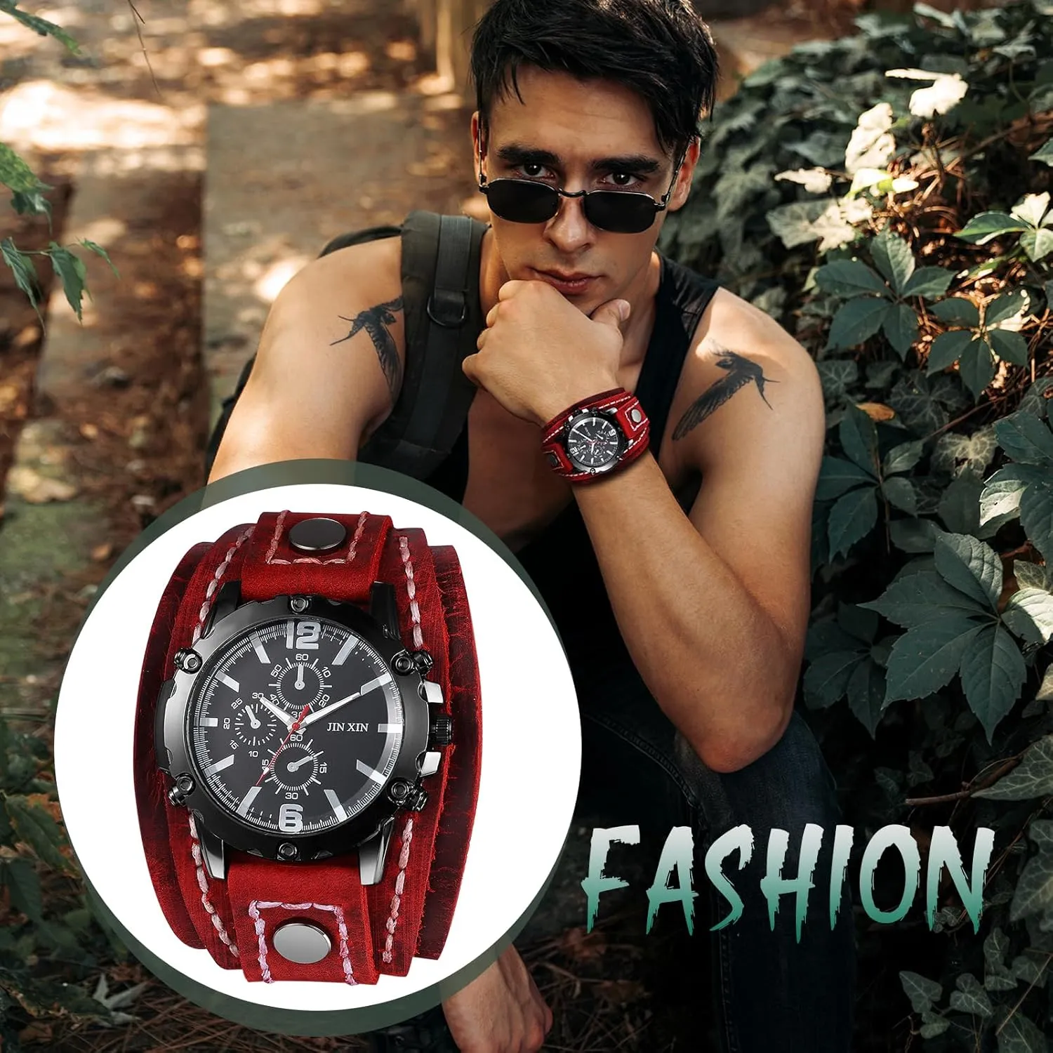 Style Men Watch polygamous luck immobility Wide Leather Fashion Cuff Wristwatch JewelryWe Black Brown Hip-hop Gothic Punk 