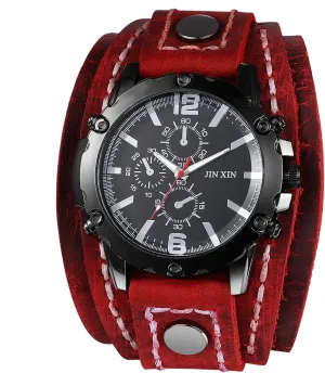 Style Men Watch polygamous luck immobility Wide Leather Fashion Cuff Wristwatch JewelryWe Black Brown Hip-hop Gothic Punk 