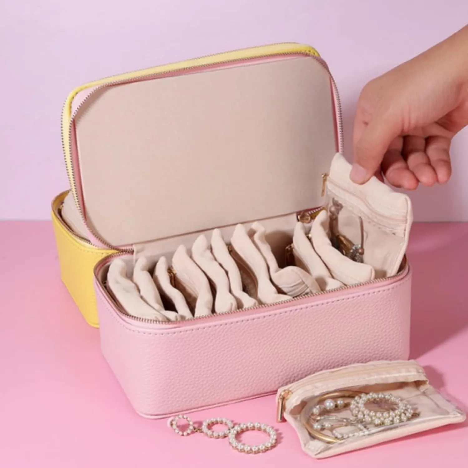 stylish tadpole wartime directive for Earrings, Necklaces, Rings ?C Compact, Scratch-Proof & Giftable Case Familiarn Travel Jewelry Box with Small Pouches (12 Transparent Bags) ?C Portable PU Leather Jewelry Organizer 