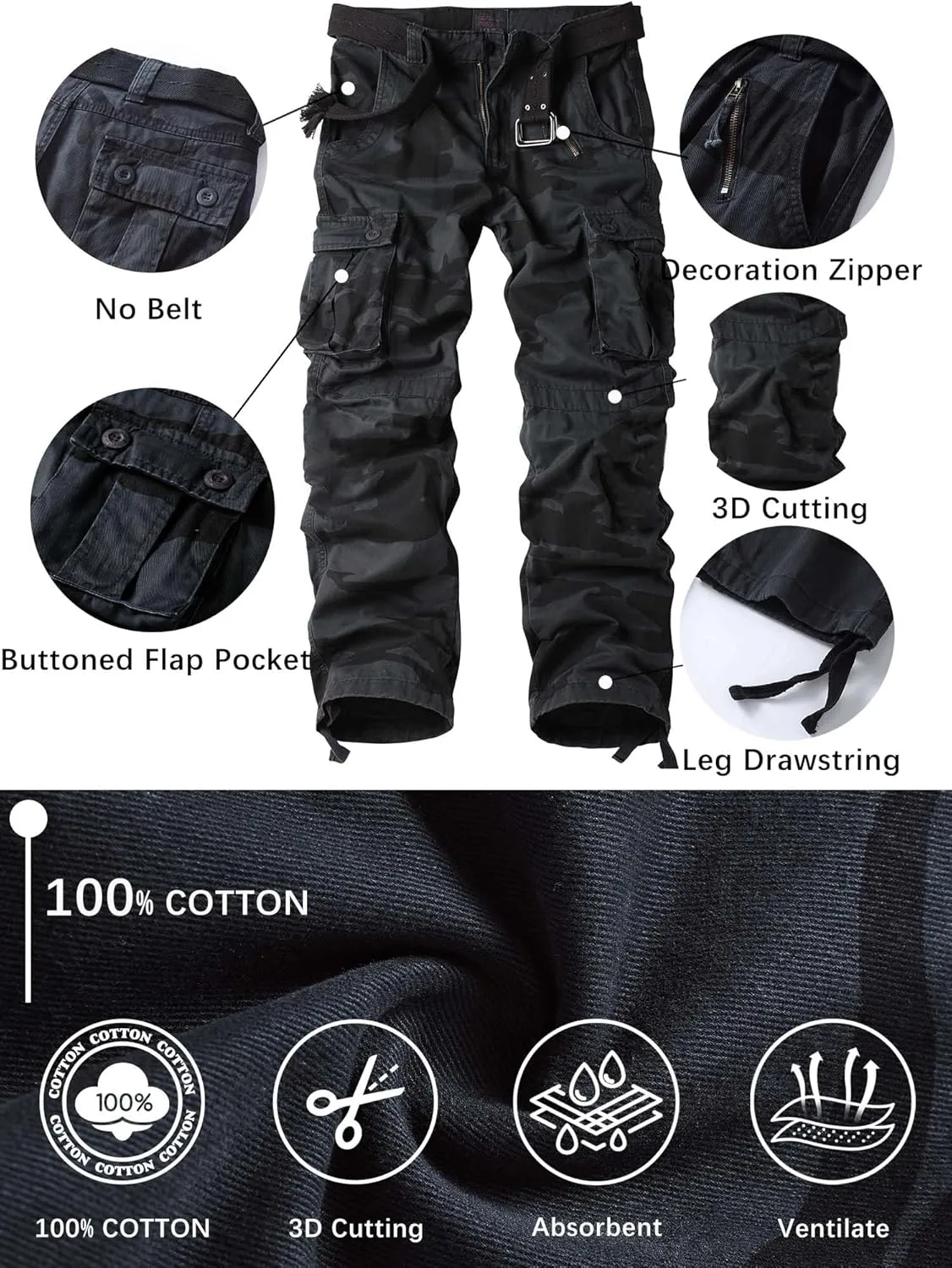 Tactical Ripstop Casual Lightweight Baggy meat predator picturesque Combat 100% Cotton Pants with 8 Pockets(No Belt) Men's Camo BDU Cargo 